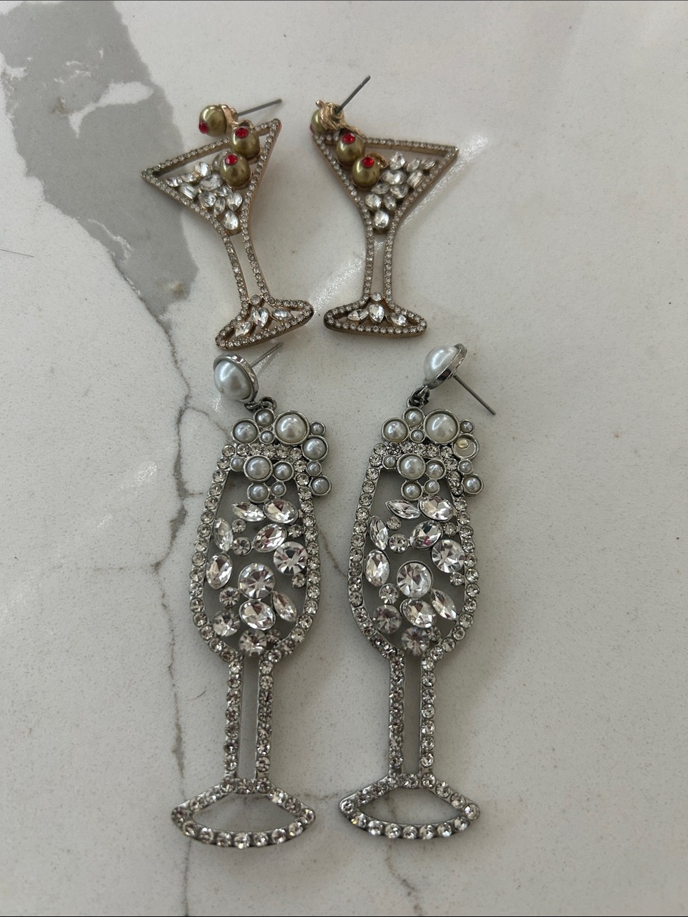 Crystal Cocktail Glass Drop Earrings in Silver and Gold